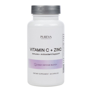 Pureva Vitamin C + Zinc white bottle, silver cap, Immune and Antioxidant Support, Daily Defense Blend, 60 capsules