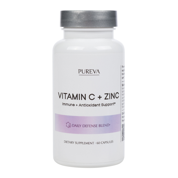 Pureva Vitamin C + Zinc white bottle, silver cap, Immune and Antioxidant Support, Daily Defense Blend, 60 capsules