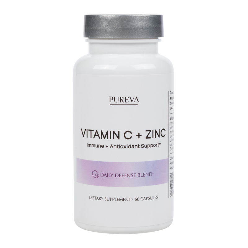 Pureva Vitamin C + Zinc white bottle, silver cap, Immune and Antioxidant Support, Daily Defense Blend, 60 capsules