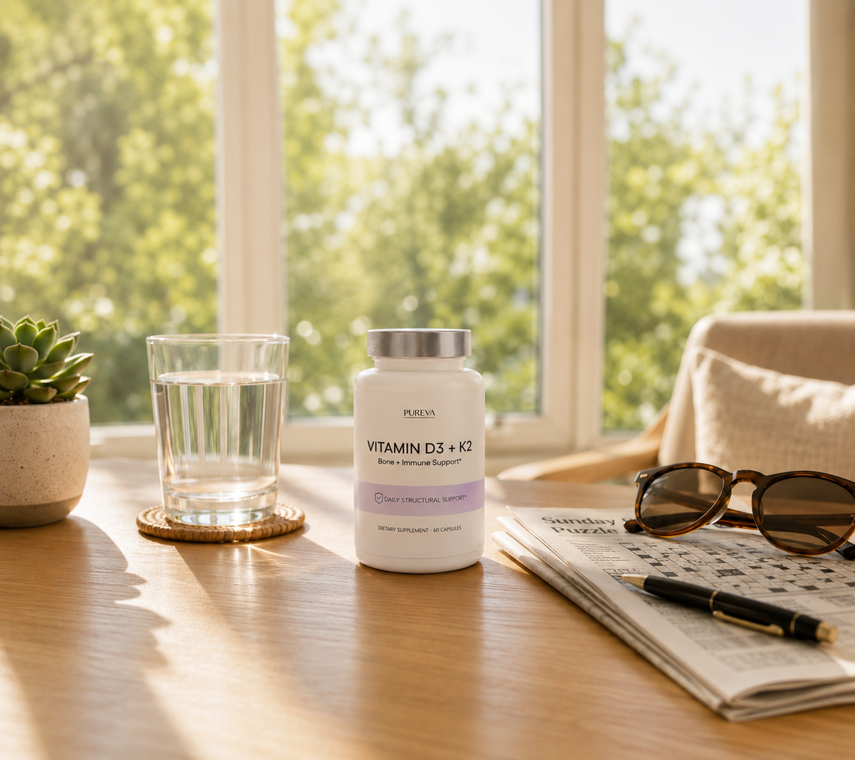 A white bottle of PERUSA Vitamin D3 + K2 dietary supplement stands on a wooden table in a bright, sunlit room. The scene includes a glass of water, a small potted succulent, sunglasses on a newspaper, and a pen.