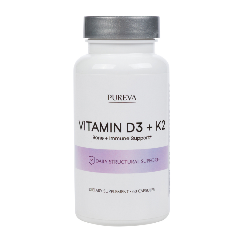Pureva Vitamin D3 + K2 white bottle, silver cap, Bone and Immune Support, 60 capsules