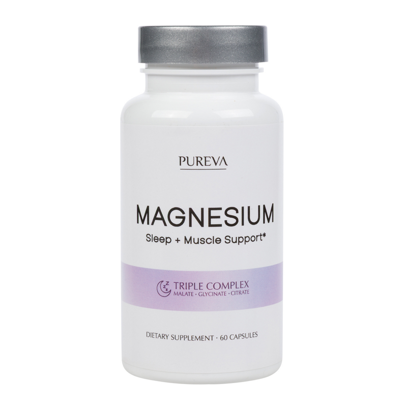 Pureva Magnesium white bottle, silver cap, Sleep plus Muscle Support, Triple Complex glycinate malate citrate, 60 capsules