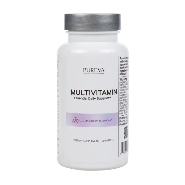 Pureva Multivitamin white bottle, silver cap, Essential Daily Support, Full Spectrum Formula, 60 tablets