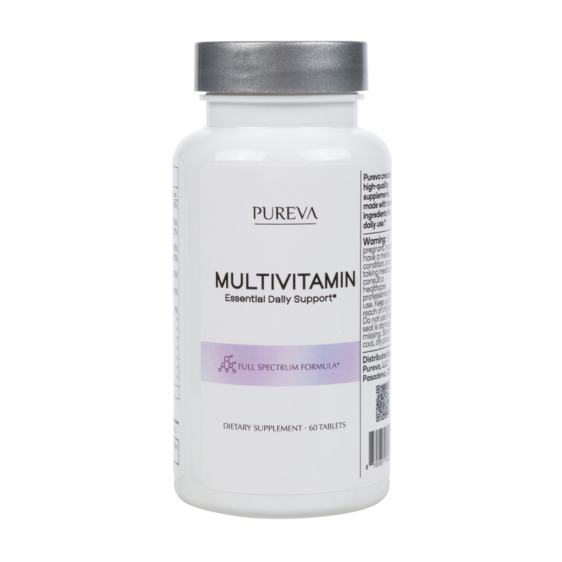 Pureva Multivitamin white bottle, silver cap, Essential Daily Support, Full Spectrum Formula, 60 tablets